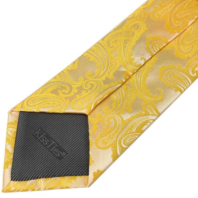 KissTies Yellow Tie Set Wedding Ties Paisley Necktie + Pocket Square - Image 4